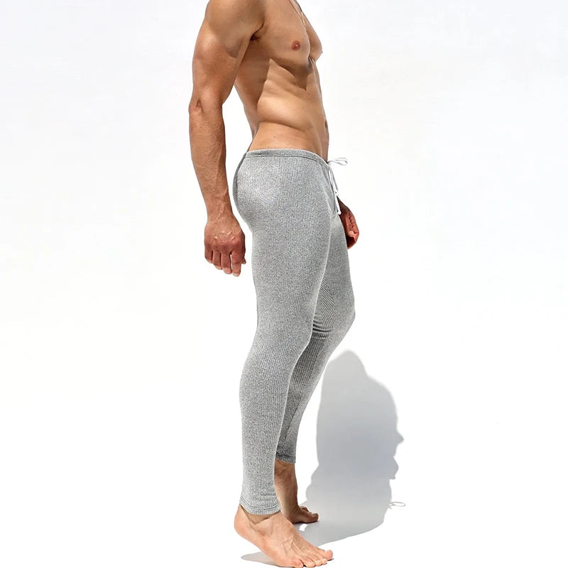 Sexy Stretch Slim Fit Knit Pants Mens Pajamas Autumn Casual Drawstring Solid Color Ribbed Knitted Pants For Men Spring Trousers