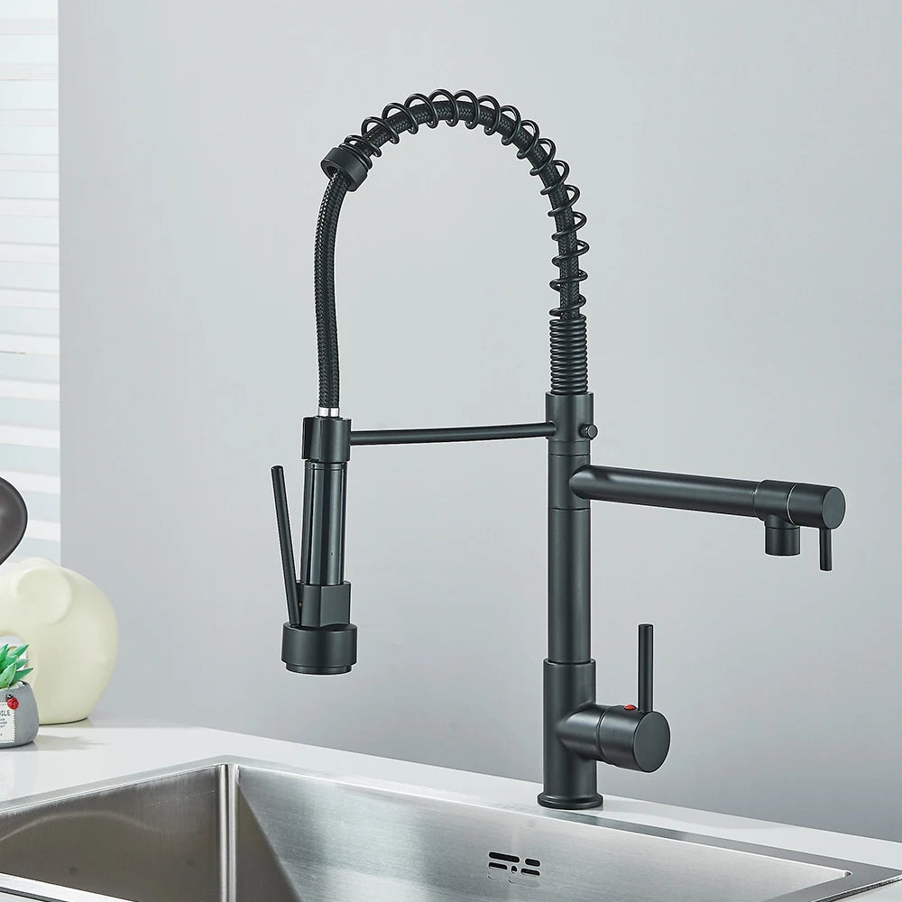 Black Pull Down Kitchen Sink Faucet Hot Cold Water Mixer Crane Tap with Dual Spout 360 Rotation High Faucet Deck Mounted