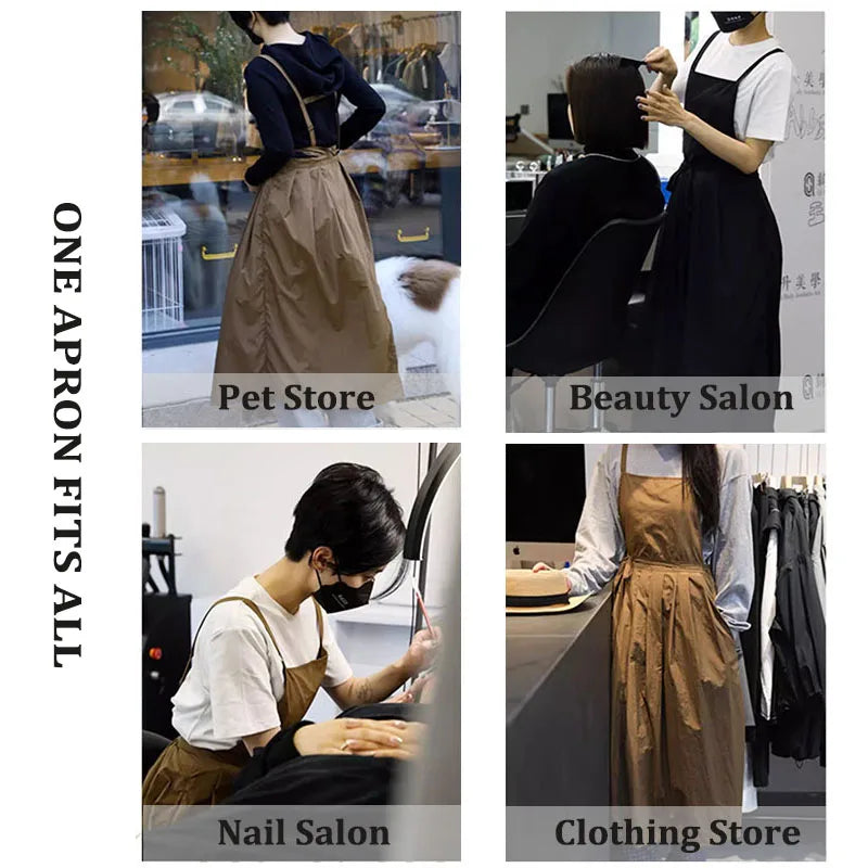 Lightweight Long Pleated Waterproof Apron with Pockets Oilproof Women Kitchen Work Apron for Beauty Nail Waiter Cooking Painting