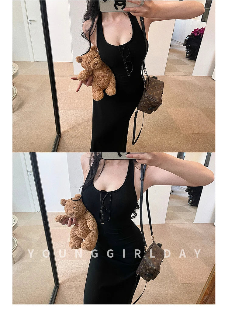 Sweet Women Maxi Dresses Sexy Backless Slim Hanging Neck Dress Long Dress Elegant V Neck Hot Sexy Korean Women Tops 2PLP