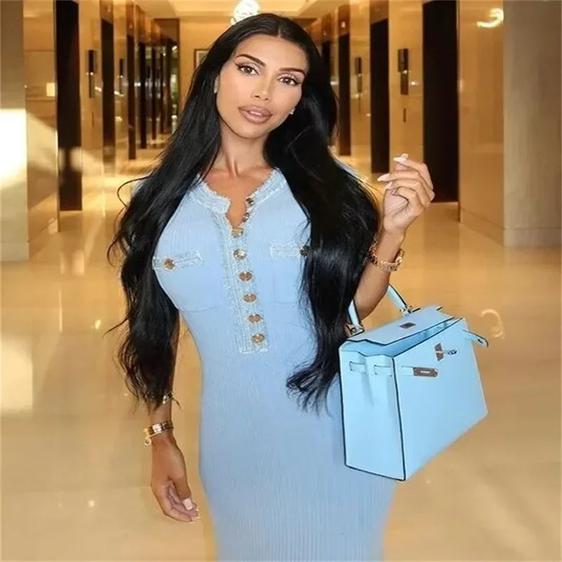 European and American style denim stitching knitted short-sleeved dress women's new high-end design long dress