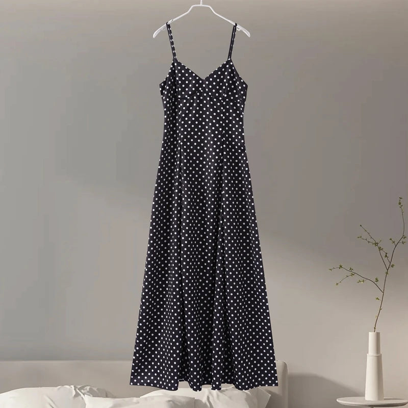 Dot Print Strapless Long Dress Women Retro V-neck Sleeveless Backless High Waist Dresses Female 2025 Spring New Lady Party Robes