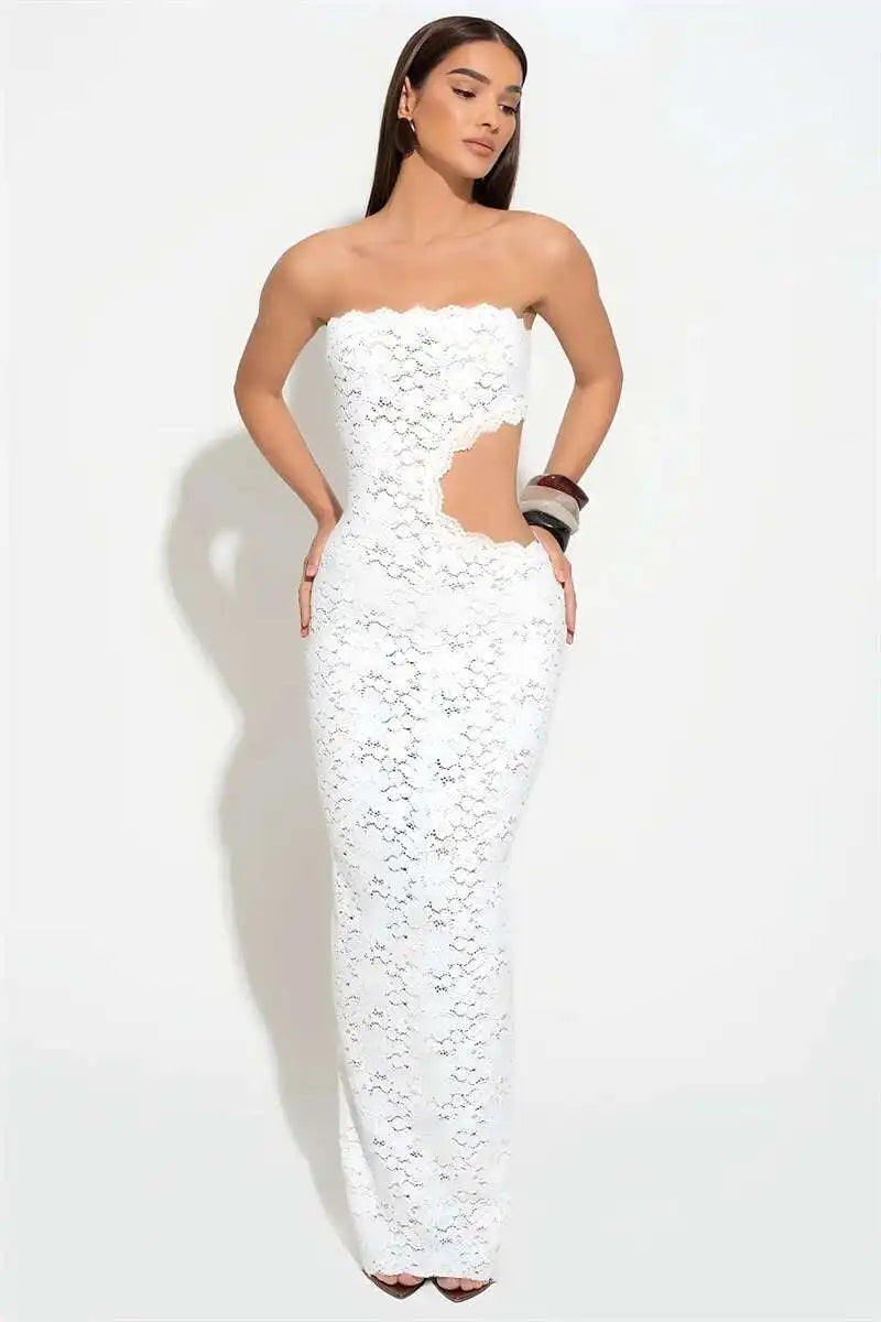 Blifanbo Backless Sexy Off-shoulder Maxi Dress Women Lace Sleeveless Strapless Hollow Out Skinny Club Party Long Dress Elegant