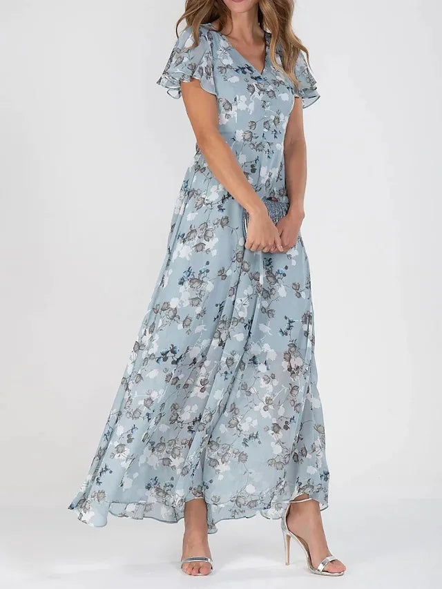 Beach Holiday Chiffon Midi Dress Women Fashion V-neck Short Sleeve Dresses For Women 2024 Summer Floral Print Long Dress Ladies