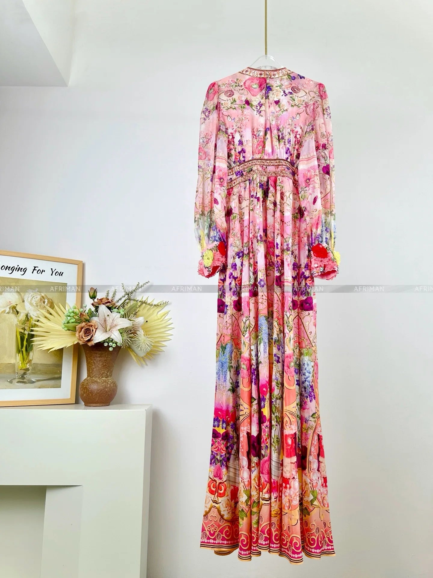 Women V Neck Crystal Beaded Pink Flower Print 3D Flower Embroidery Long Sleeve Silk Long Dress