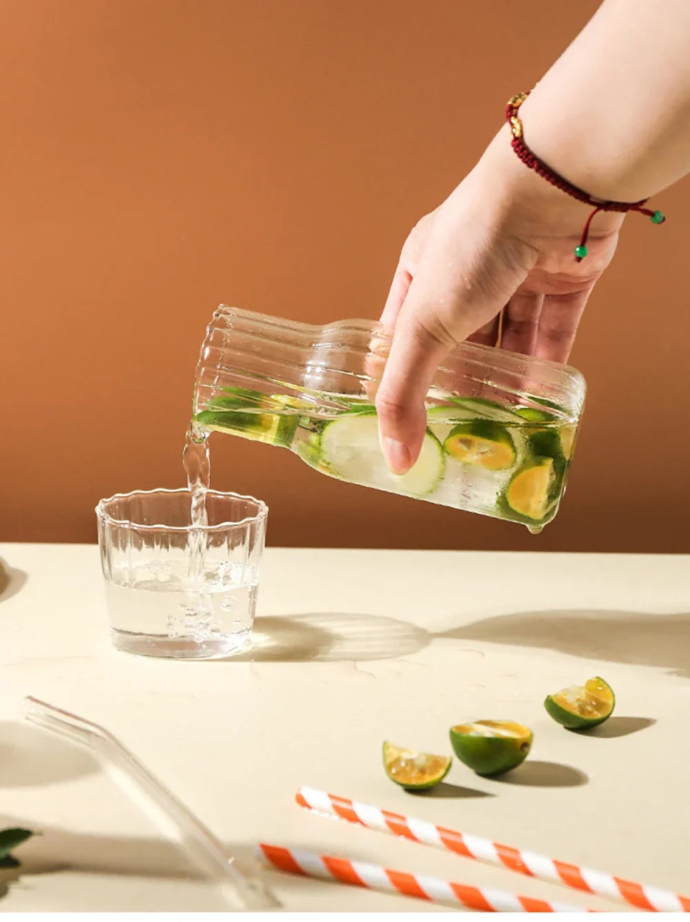 Transparent Water Carafe With Tumbler Cup Glass Water Bottle Sets Teacup Kitchen Pitcher Heat Resistant Milk Coffe Bottle Set