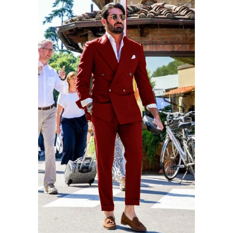 Men's Suit Two-piece Solid Color Double Breasted Fashion Spike Lapel Slim Fit Cropped Pants Casual Business Party Suits 2023