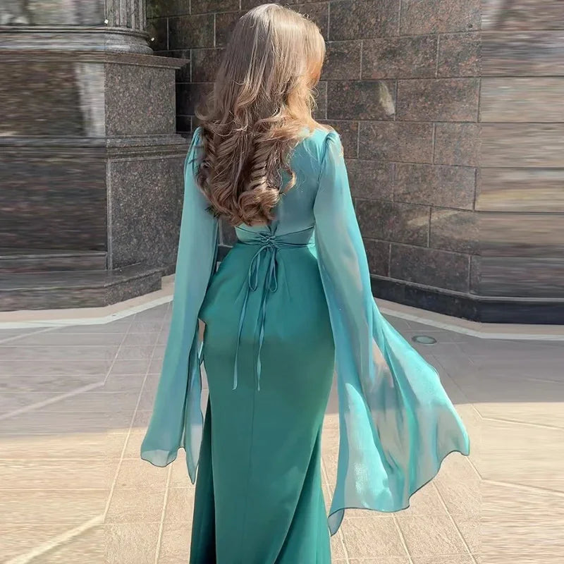 Fashion Satin Solid Robe Dress Women Elegant Batwing Sleeves High Waist Pleats Long Dress Stylish Glass Tulle Slim Evening Dress