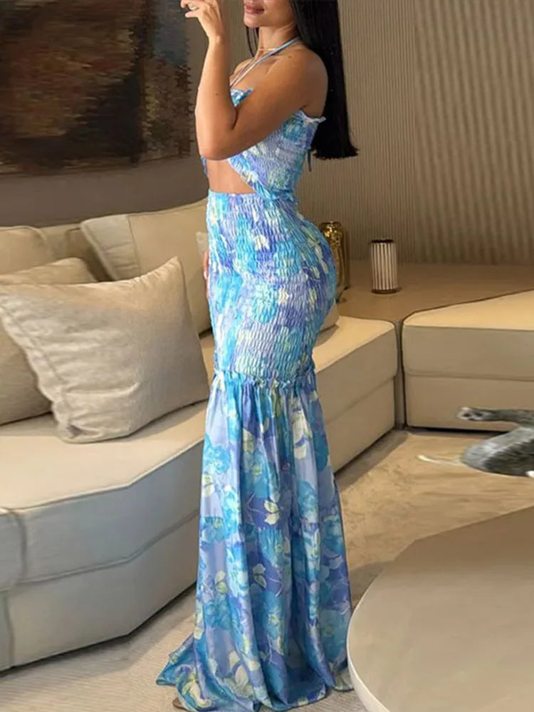 Printed Strap Pleated Long Dress Women Backless Off Shoulder Patchwork Ruffle Summer 2025 Dresses Party Vacation Chic Sexy Robe