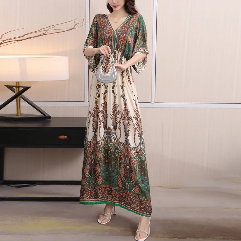 V-neck Large Skirt Hem Casual Sweet Holiday Long Dress Bat Sleeves Elastic Waist Bohemian Print Floral Elegant Dresse For Women