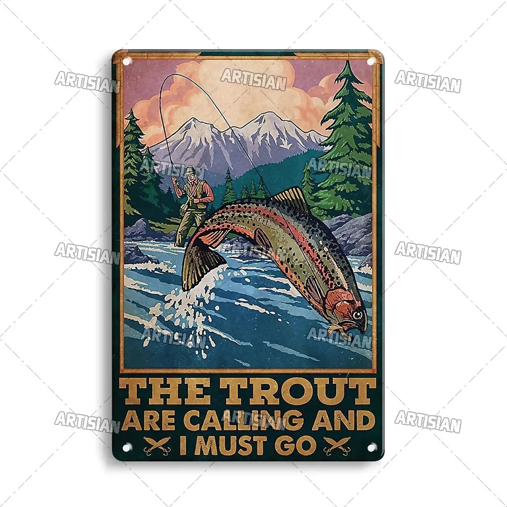 Artisian Fishing Metal Poster Sport Tin Sign Lure Bait Decorative Plaque Wall Decor Garage Bar Pub Club Hotel Cafe Kitchen Home