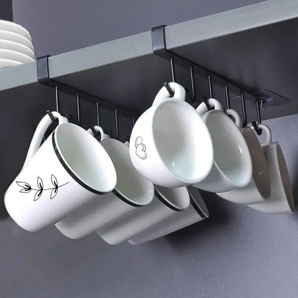1pc 6 Hook Coffee Cup Mug Holder Black White Hooks Shelf Multifunction Kitchen Cabinet Sundries Organizer Storage Hanger