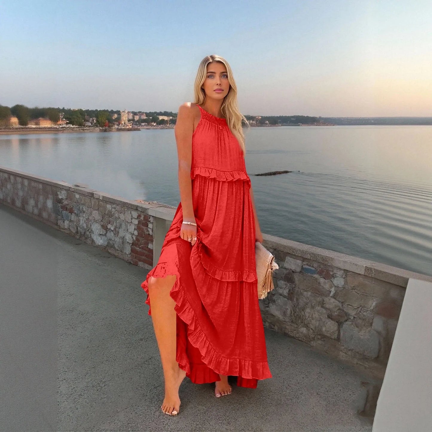 Women's Ruffled hem layered long dresses Summer Sleeveless backless dress Fashion Long Dress Big Swing Beach Dress vestidos