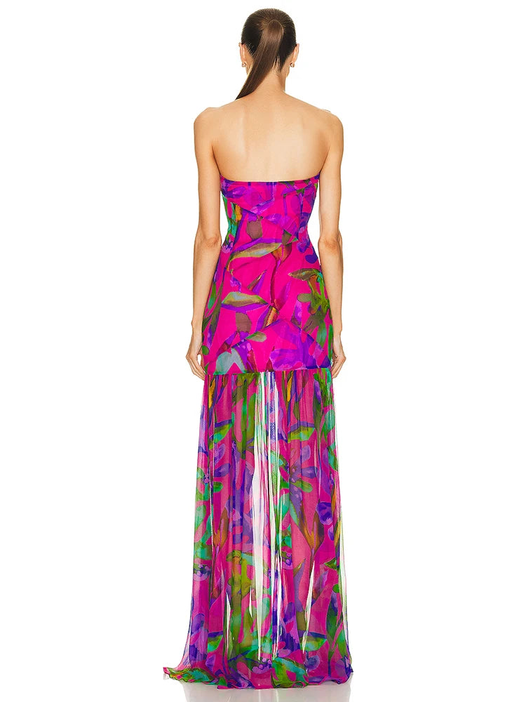 Summer Strapless Floral Printed Long Dress Women Fashion Sleeveless Print Split Maxi Dress Elegant Beach Party Evening Dresses