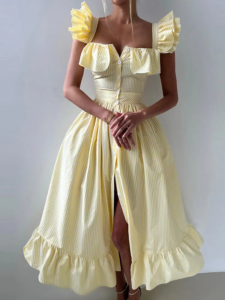 Flying Sleeve Ruffle Striped Slip Long Dress Women Elegant Square Collar Waist Cinching Pleat Party Dresses Chic Ladies Vestido