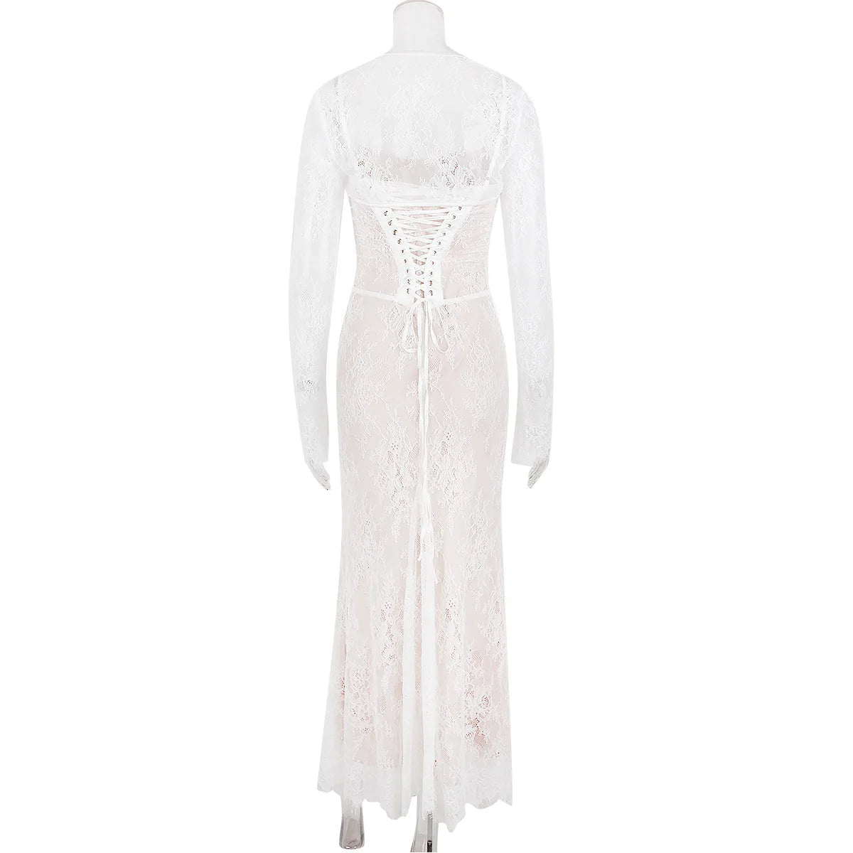 Mozision Elegant Lace Print Maxi Dress Set Women Fashion Spaghetti Strap Long Sleeve Bodycon Club Party Sexy Long Dress