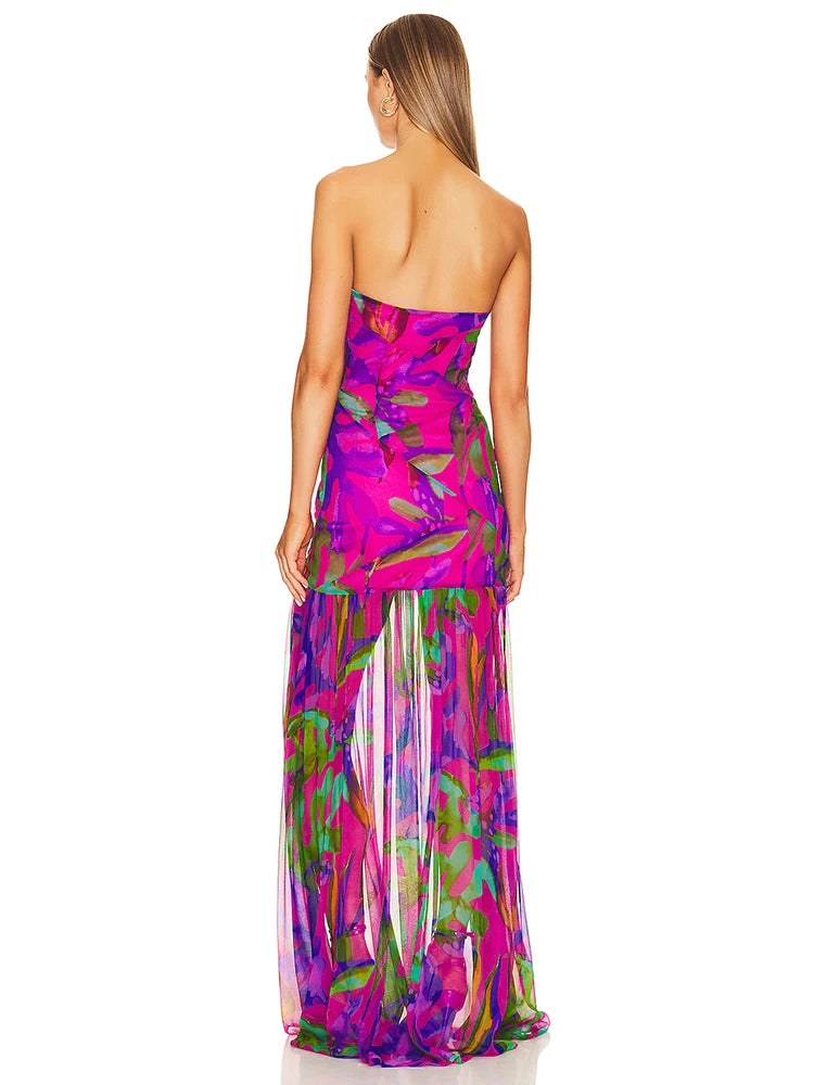 Summer Strapless Floral Printed Long Dress Women Fashion Sleeveless Print Split Maxi Dress Elegant Beach Party Evening Dresses