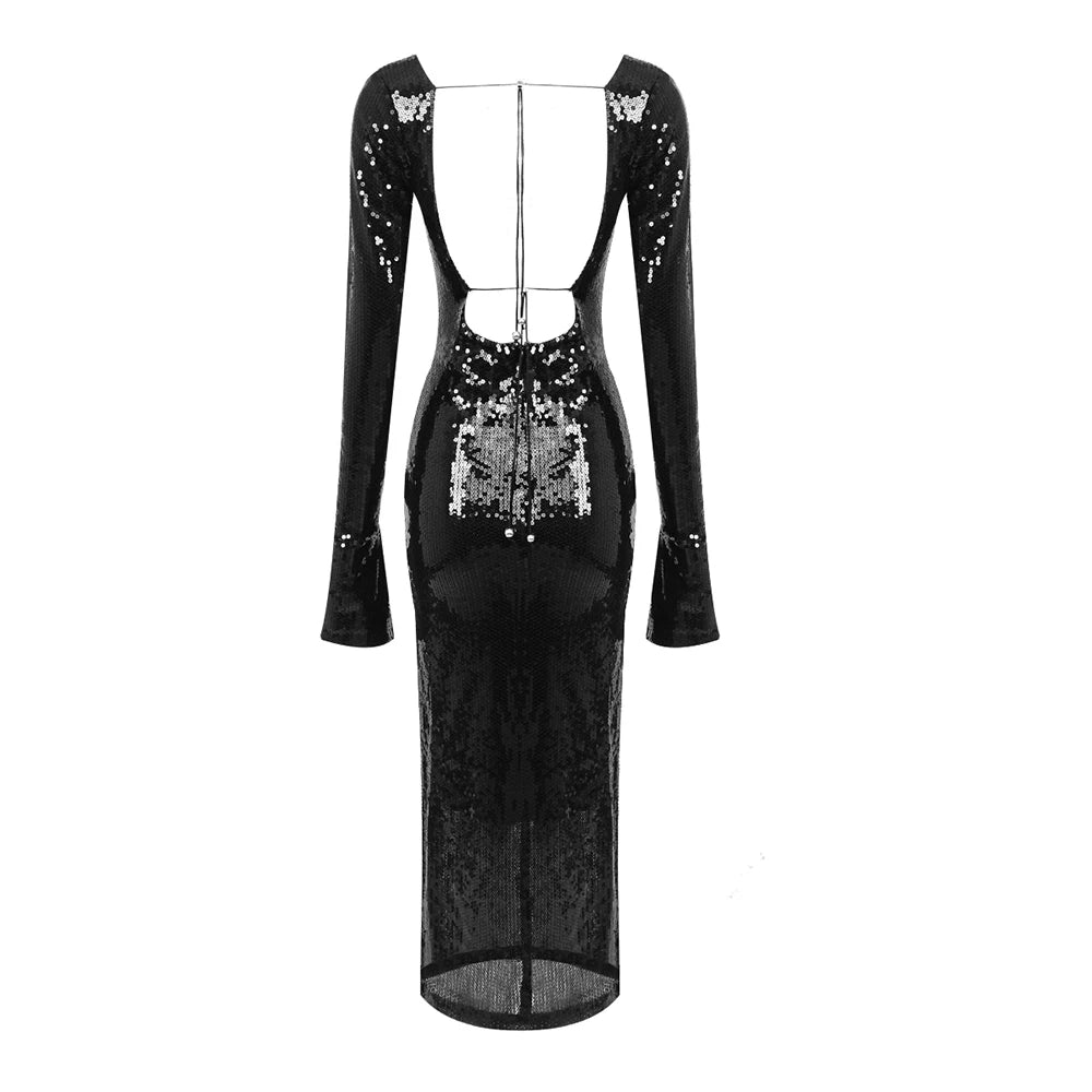 BEVENCCEL Sexy Luxury Sequins Deep V Long Sleeve Backless Sequins Long Dress Elegant Bodycon Maxi Evening Party Clubwear Dress