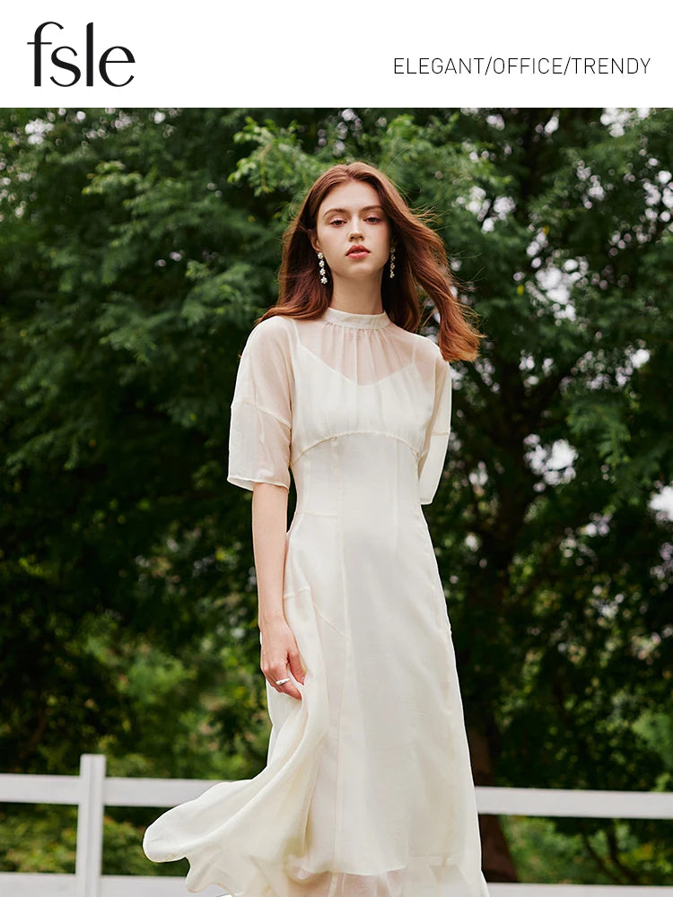 FSLE Women Long Dress Summer Temperament Two Piece Beige Dress Lyocell Short Sleeve Dress+Sleeveless Vest Dress Suit 24FS12929