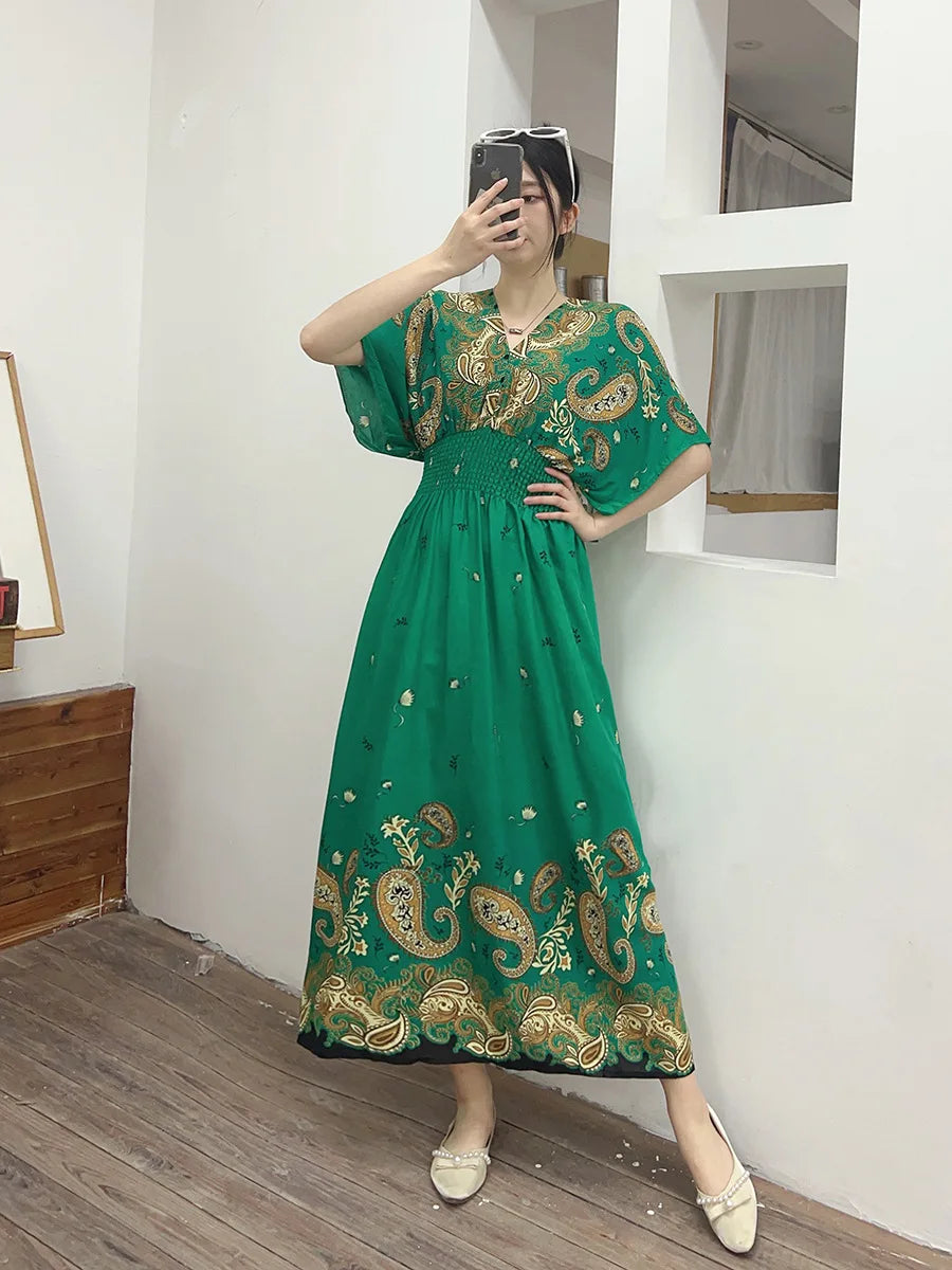 V-neck Large Skirt Hem Casual Sweet Holiday Long Dress Bat Sleeves Elastic Waist Bohemian Print Floral Elegant Dresse For Women