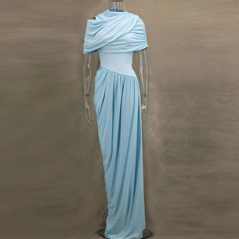 Elegant O Neck Pleated Slim Evening Dress Fashion Summer Short Sleeved High Waist Long Dress Casual 2025 Street Solid Robe Dress