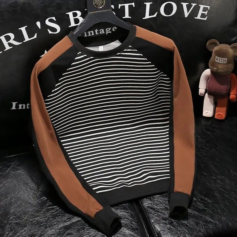 New Men's Hoodie with Striped Print Fashionable Long Sleeves Slim Fit and Slimming Round Neck Top