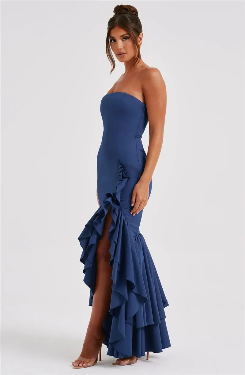 Mozision Strapless High Split Ruffle Long Dress For Women Fashion Off-shoulder Backless Sleeveless Bodycon Club Party Sexy Dress