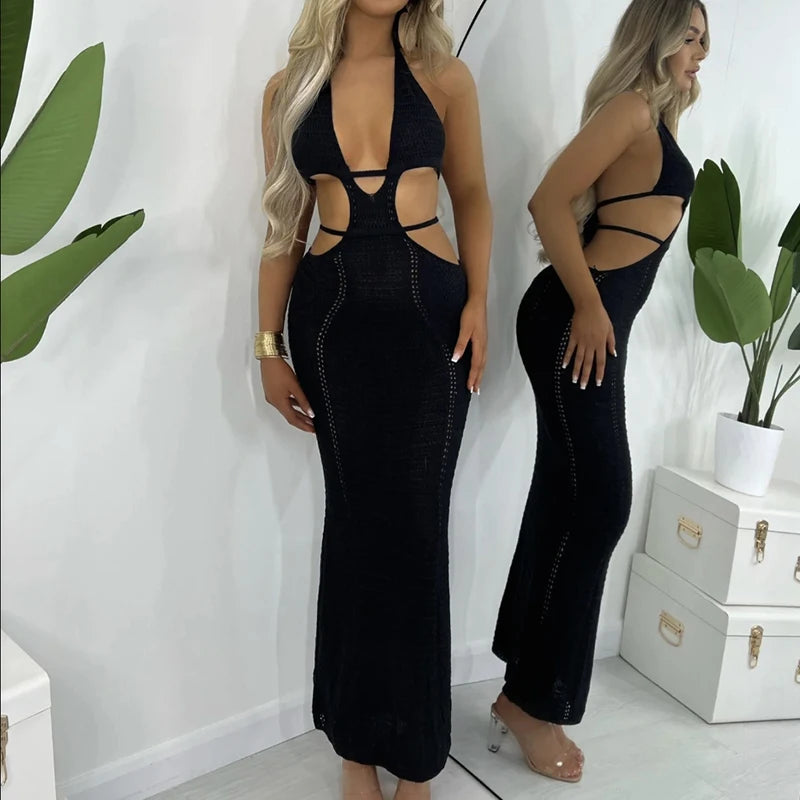 New Style Hollow Out Backless Tie Up Dress Women Beach Holiday Sun Bathing Sunscreen Long Dress Knitting Beachwear Cover Up