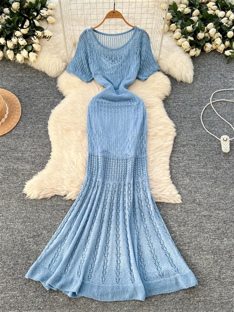SINGREINY Vacation Style Casual Dress Suits Solid Strap Short Sundress+Knitting Hollow Out Long Dress Korean Women Beach Sets