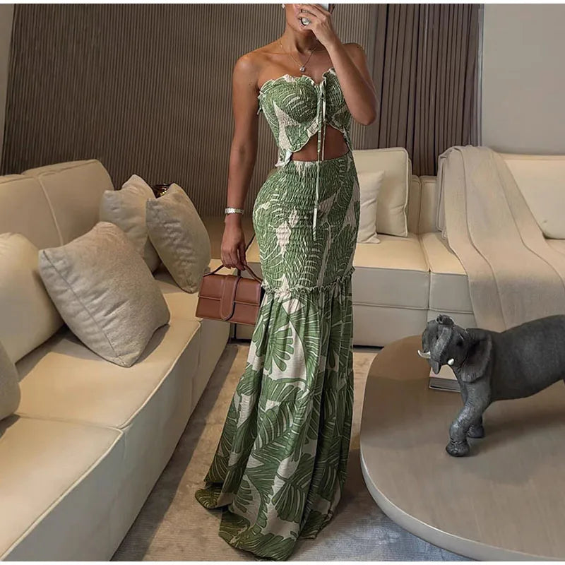 Printed Strap Pleated Long Dress Women Backless Off Shoulder Patchwork Ruffle Summer 2025 Dresses Party Vacation Chic Sexy Robe