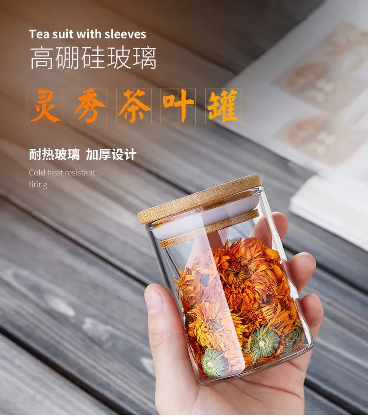 Kitchen Storage Tank Food Container Bambo Covered High Borosilicate Food Sealed Glass Tank Kitchen Miscellaneous Grain Organizer