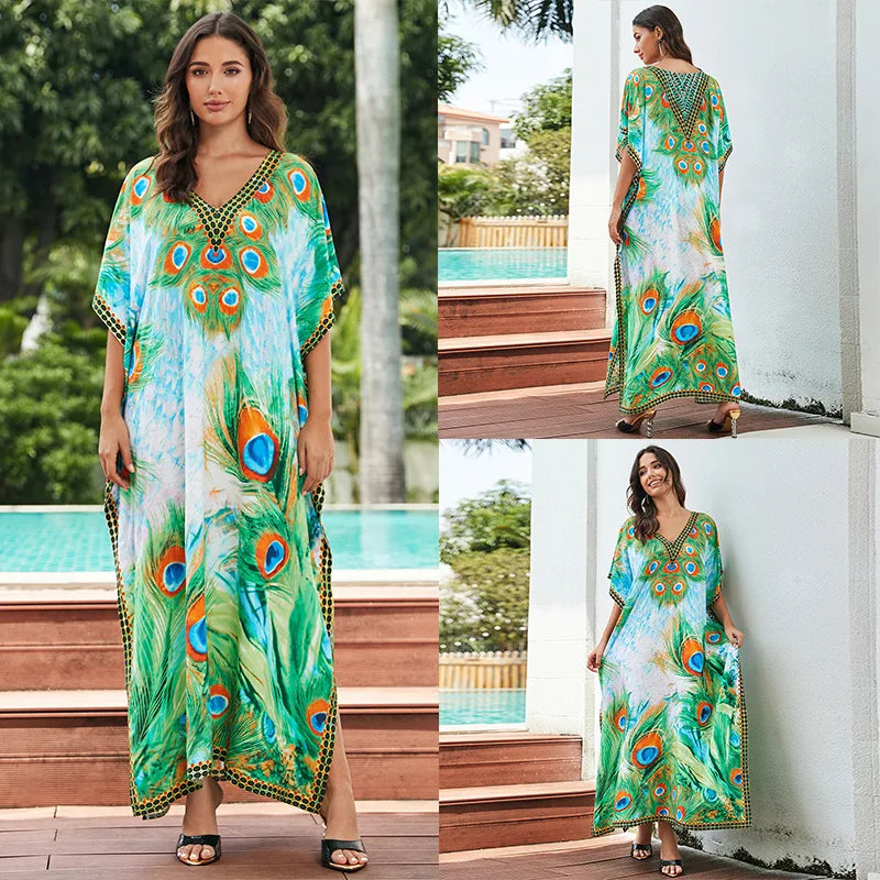 Women's Print Turkish Kaftan Bikinis Set Beachwear Bikini Cover Up Maxi Dress Bathing Suit Summer Outfit