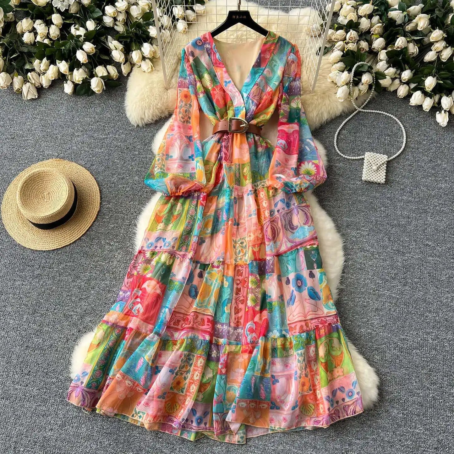 XFPV 2025 Spring New Fashion High-end V-neck Lantern Sleeves High Waist Print Swing Ruffle Edge Chiffon Long Dress Women SM11517