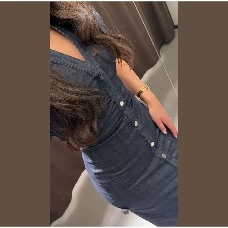 Sexy V-neck Denim Dresses 2025 Women's Spring Fashion Slim Long Dress Chic Short Sleeves Single Button High Street Lady New Robe