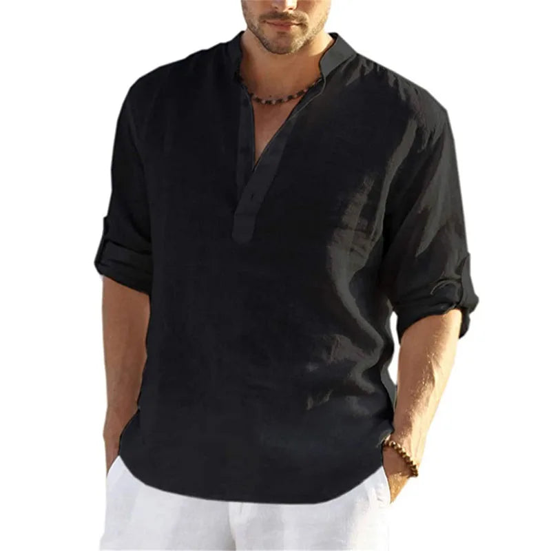 1pcs Summer Men Lightweight Shirt Male Long Sleeve Cotton Linen Shirts Beach Loose Fitting Shir Men's Breathable Collar T Shirt