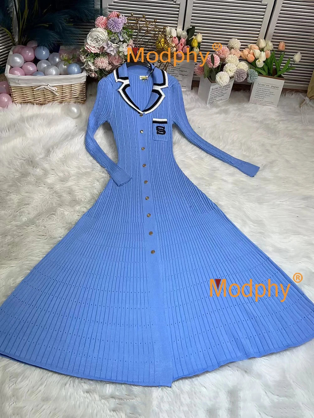 Modphy 2025 Elegant Slim Knitted Long Dress Women's Letter Single Breasted Long Sleeved Designer Vintage Dresses Autumn