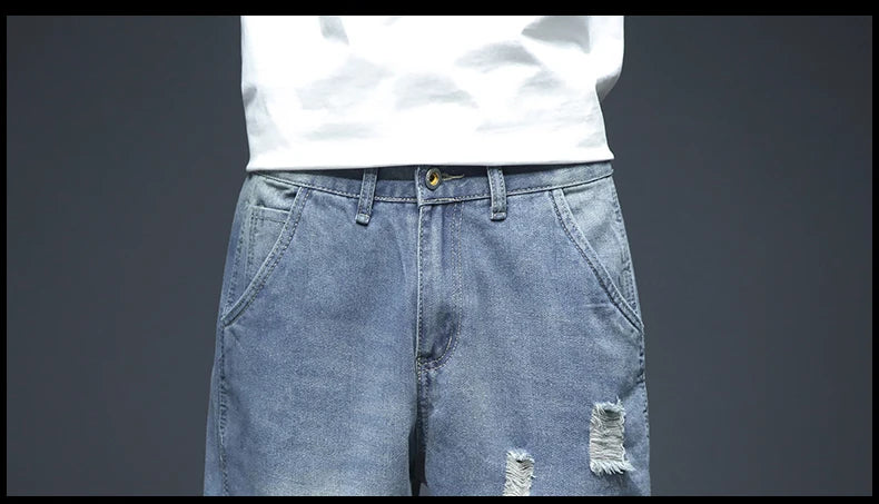 Summer Men's Blue Denim Shorts Y2k Cotton Loose Straight Ripped Fashion Shorts Men Korean Trendy Casual Streetwear Short Jeans