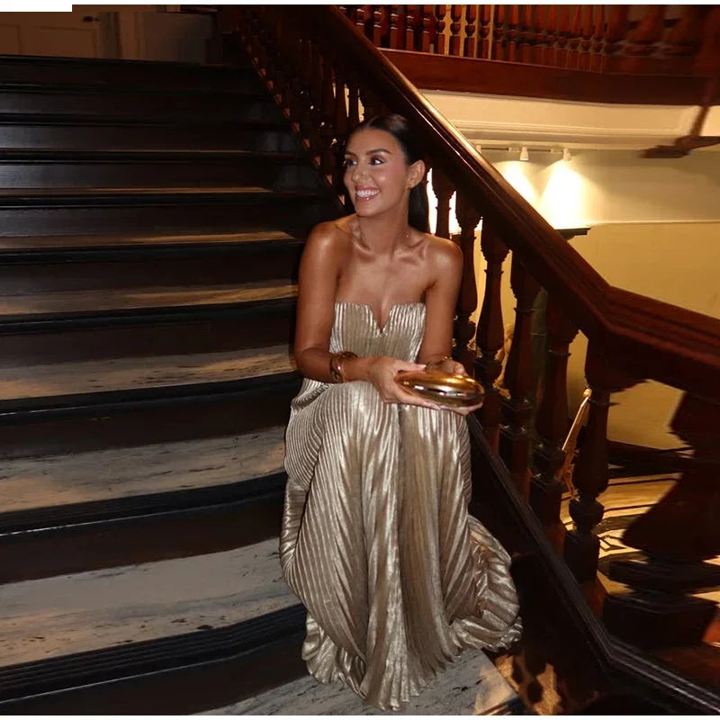 Elegant Pleat Long Dress Women Loose Tube Top Shiny Backless Sleeveless Dresses Female 2025 Summer Lady Party Evening Robes