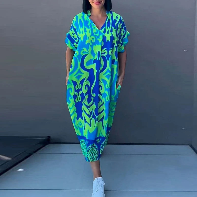 Retro Fashion Spring V Neck Party Dresses Woman Elegant Floral Print A-Line Long Dress 2025 Summer Short Sleeve Loose Boho Dress