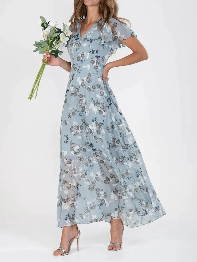 Beach Holiday Chiffon Midi Dress Women Fashion V-neck Short Sleeve Dresses For Women 2024 Summer Floral Print Long Dress Ladies