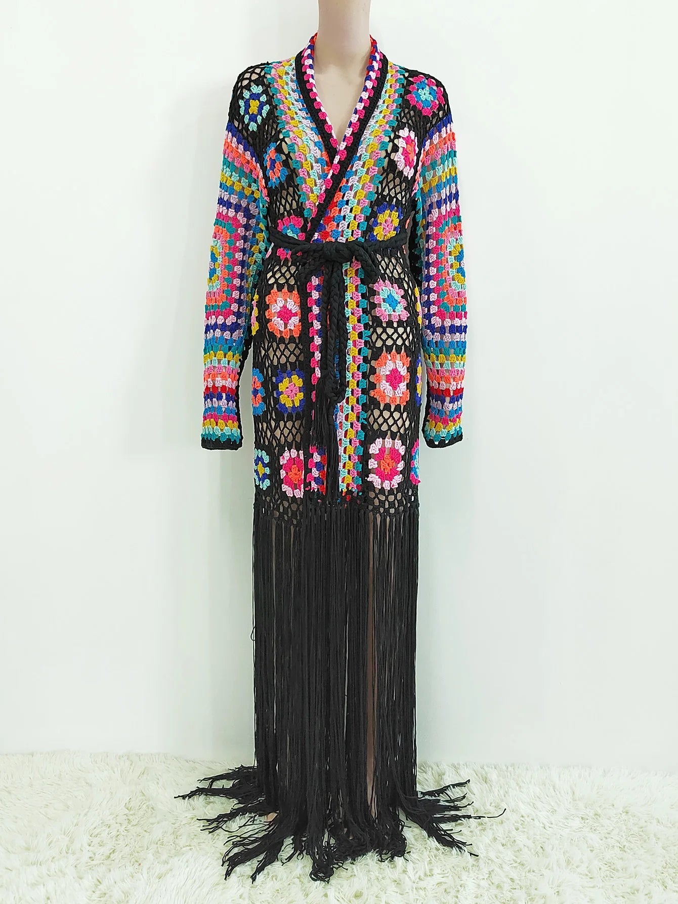 Crochet Knitted Women Cardigan Cover Ups Tassel Plaid Long Coat Bohemian 2023 Summer Beach Bikini Covers Sexy Hook Vestidos