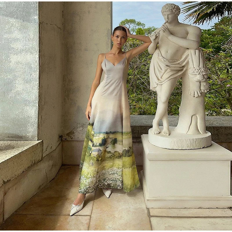 Elegant Printed Tighte Waist Women's Long Dress V-neck Slim A-line Robe 2025 Summer Beach Holiday Style Female's Long Dresses