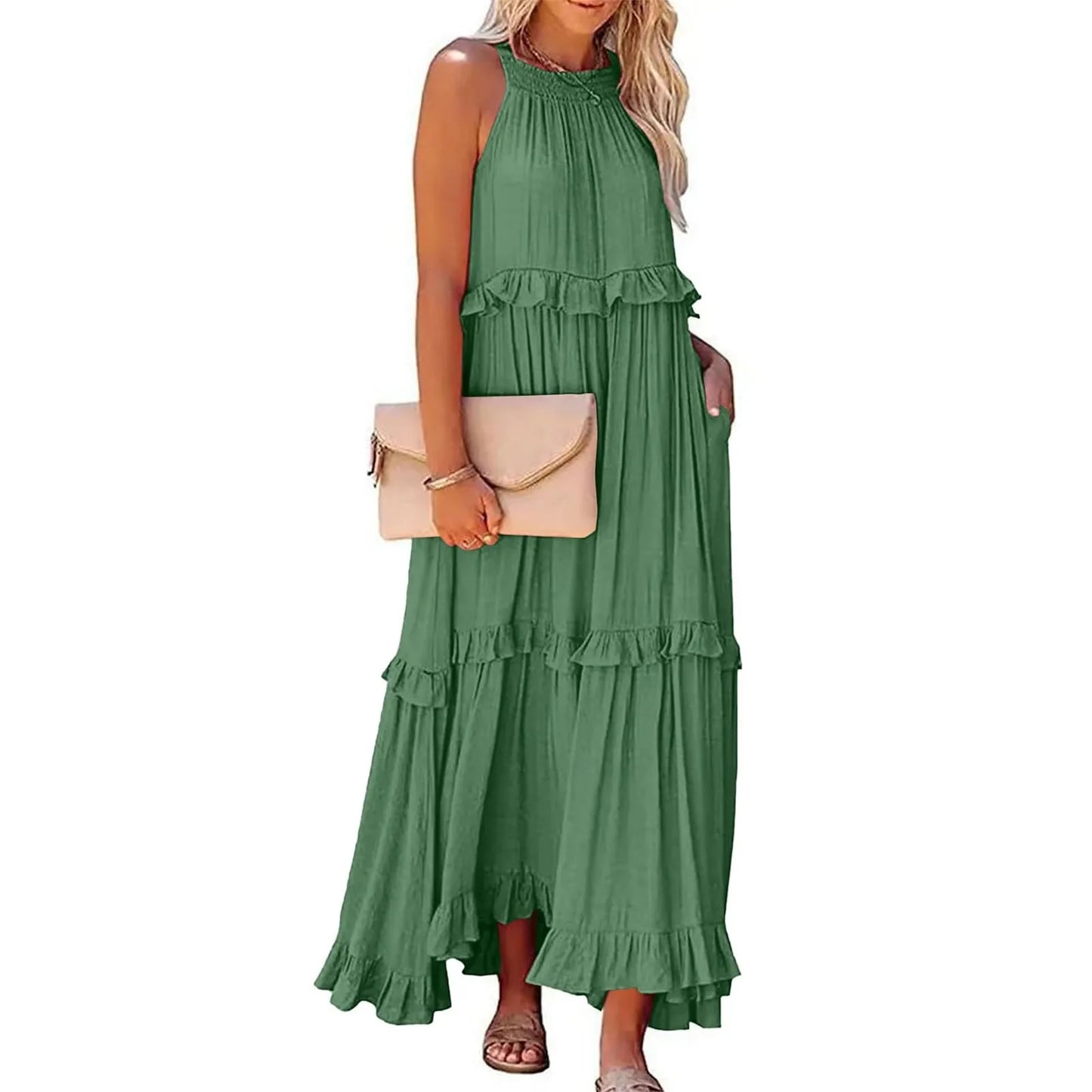 Women's Ruffled hem layered long dresses Summer Sleeveless backless dress Fashion Long Dress Big Swing Beach Dress vestidos