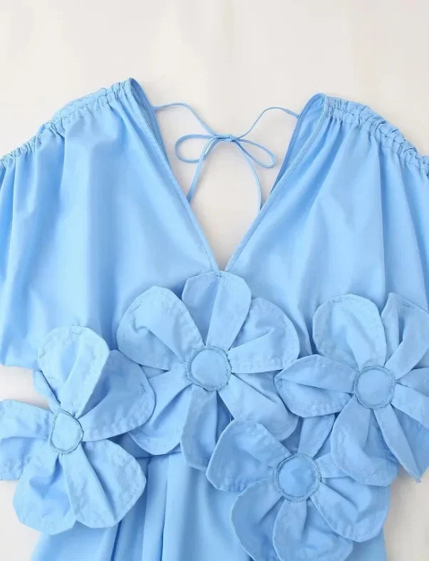 Women Blue V-neck Waist Strap Three-dimensional Flower Bow High Waist Long Dress