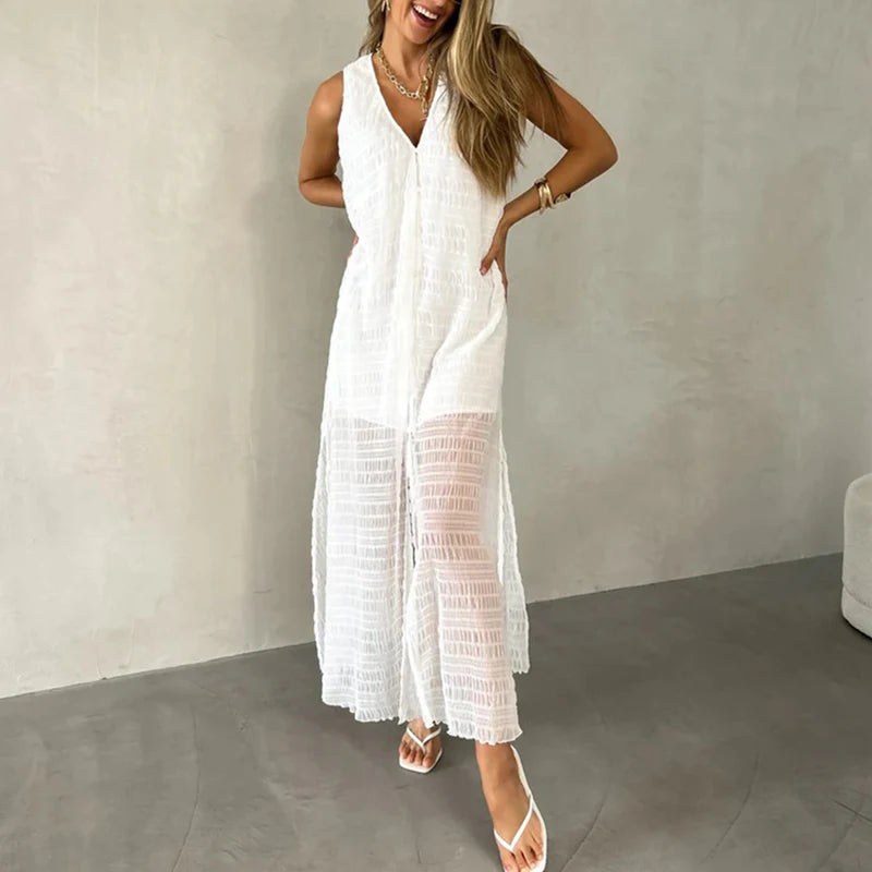 Casual V Neck Button Lace Party Dresses Woman Spring Solid Split Pleated Long Dress Summer Sleeveless Hollow Holiday Beach Dress