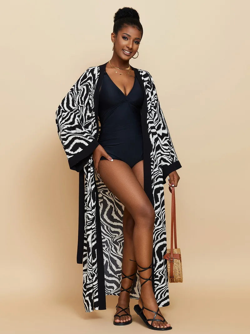 Para Praia Kimono Beach Robe Swimsuit Cover Ups Beachwear Long Flared Sleeve Dress Sarong Women Loose Cardigan Bikini Covers