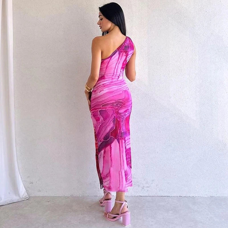 CUTENOVA Sexy Slash Collar Gradient Print Long Dress Summer Chic One-Shoulder Backless Party Dresses Sleeveless Hollow Slim Fit