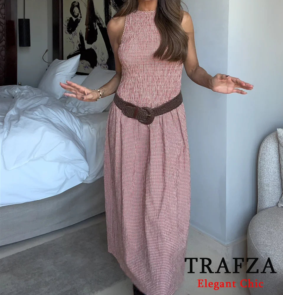 TRAFZA Women Elegant Plaid Vest Dress Sleeveless Stretch Bust Long Dress New 2025 Summer Fashion Romantic Vacation Dress