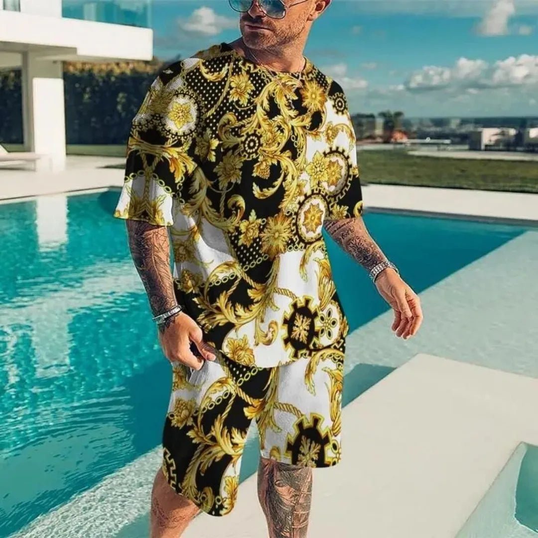 2025 Summer New Men's Luxury Gold Pattern Sportswear 3D Printed Short Sleeve T-shirt Set Fashionable Casual Men's T-shirt Two Pi