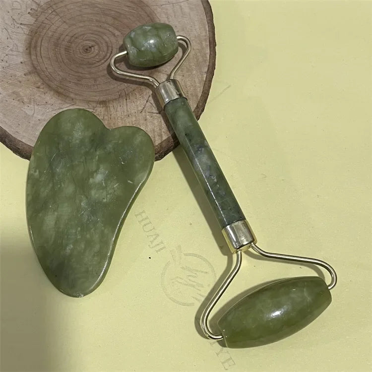 Natural Jade Double Head Roller Health Beauty Treatment Device Scraping Board Set Xiuyan Face Massager To Lift Remove Wrinkles